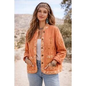 VTG Boho Orange Embroidered Beaded Jacket 2X 100% Cotton Hippie Casual Plus